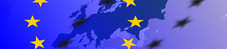 Logo mit einem Blau-Lila Verlauf von links nach rechts und die Silouhette von Europa in der Mitte. Im Vordergrund die Eurosterne