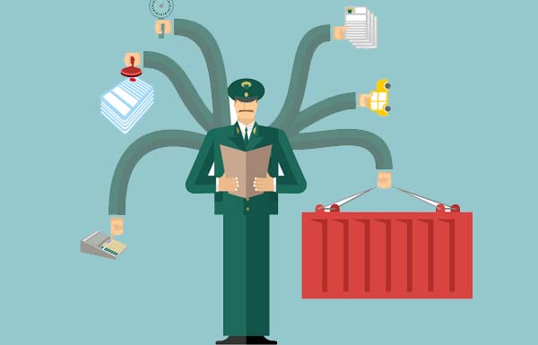 Russian Customs Service at work. officer job. Checking of cargo.