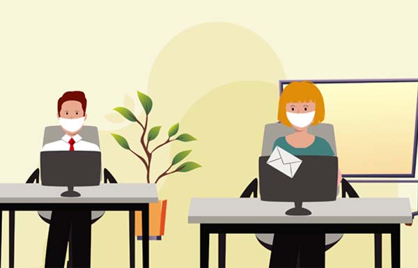 Image of man and woman in face masks working in office