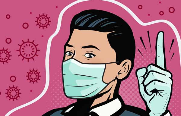 COVID-19, coronavirus. Man in medical mask. Retro comic pop art vector illustration